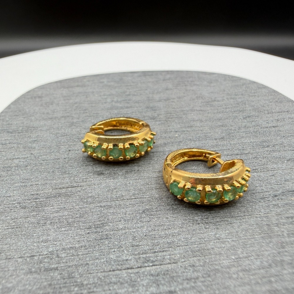 Technibond Green Gemstone Gold Tone Huggie Hoop Earrings Hinged Pierced Gift
